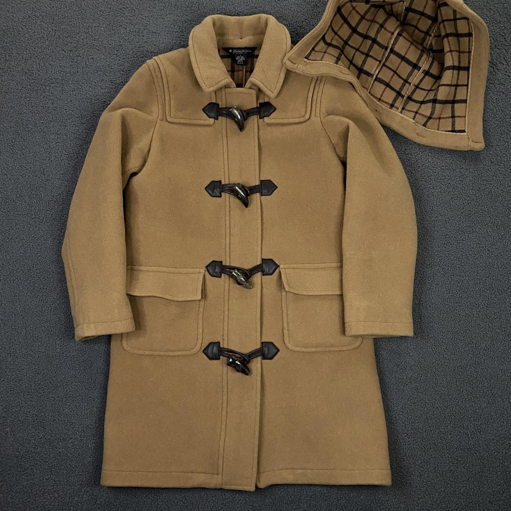 Brooks Brothers Duffle Coat Womens 4 Beige Toggle Removable Hood‎ Plaid Tan